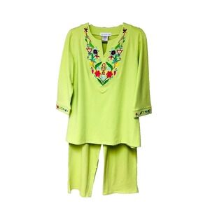 NWT Susan Graver Womens S/M Lime Green Embroidered 2 PC Tunic Crop Pants Set Y2K